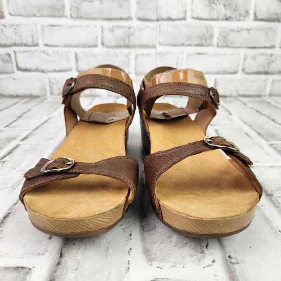 Dansko Tricia Women US 9 EU 39 Brown Leather Ankle Strap Wood Heel Wedge Sandals - Picture 2 of 10
